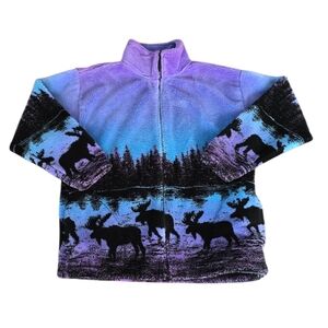 Black Mountain Twilight Moose Ultra Plush Fleece Jacket Size M Vintage 90's